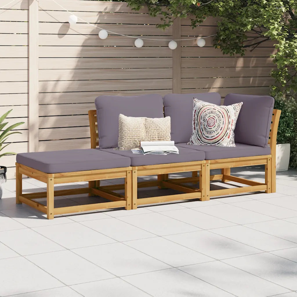 Set divanetto da giardino in legno chiaro con cuscini grigio e seduta con vano estraibile
