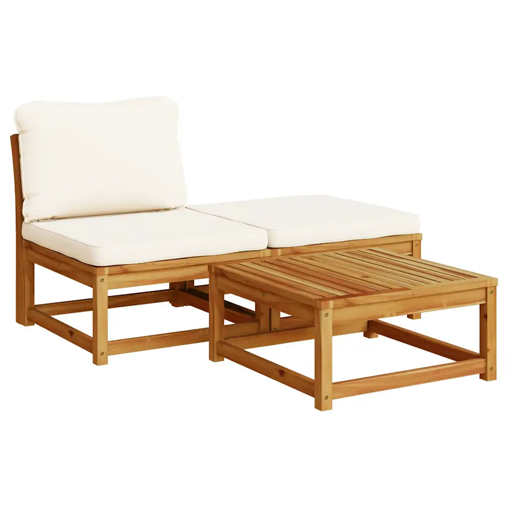 Set da giardino 3 pezzi con divanetto e tavolino abbinati, cuscini bianchi e struttura in acacia