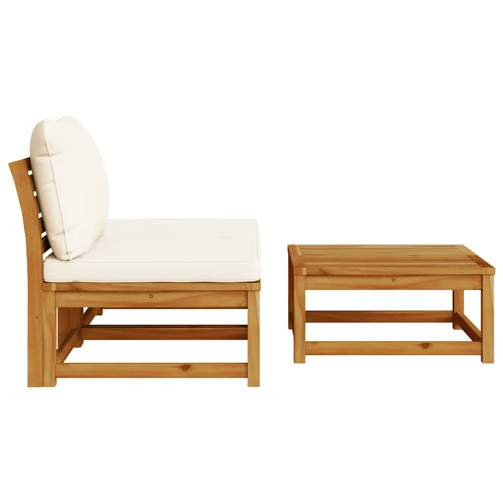 Poltrona da giardino con cuscino bianco e tavolino in legno di acacia, set coordinato