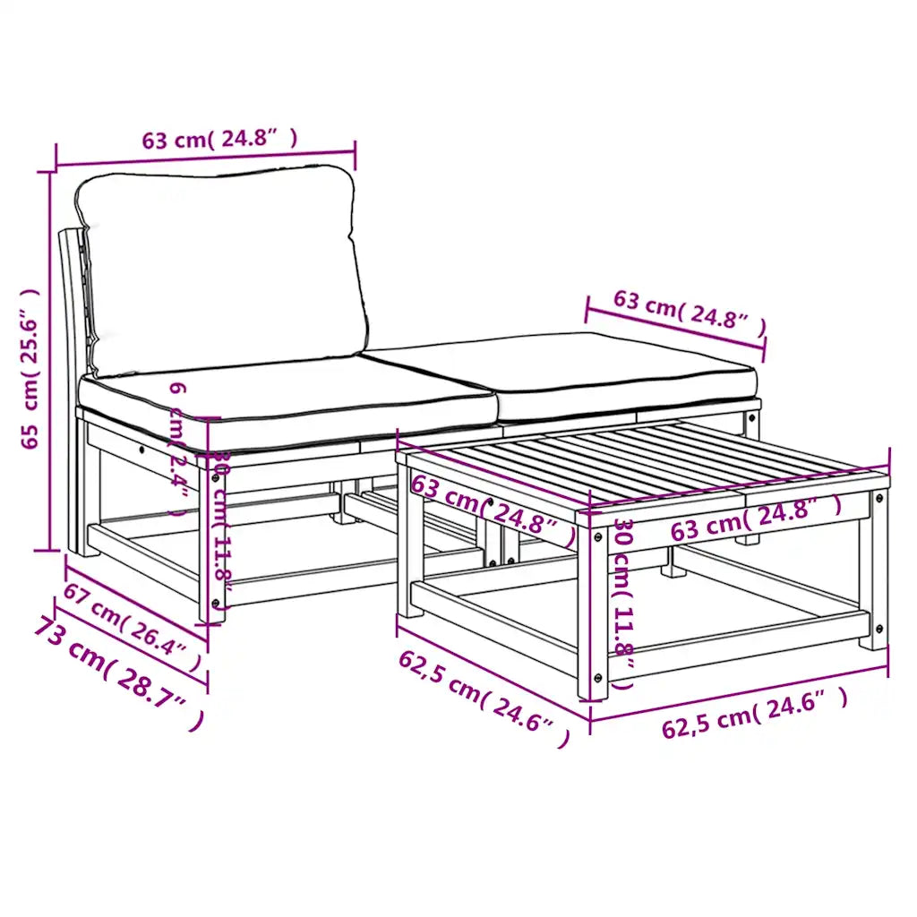 Disegno tecnico: misure del set da giardino con divanetto, cuscini e tavolino