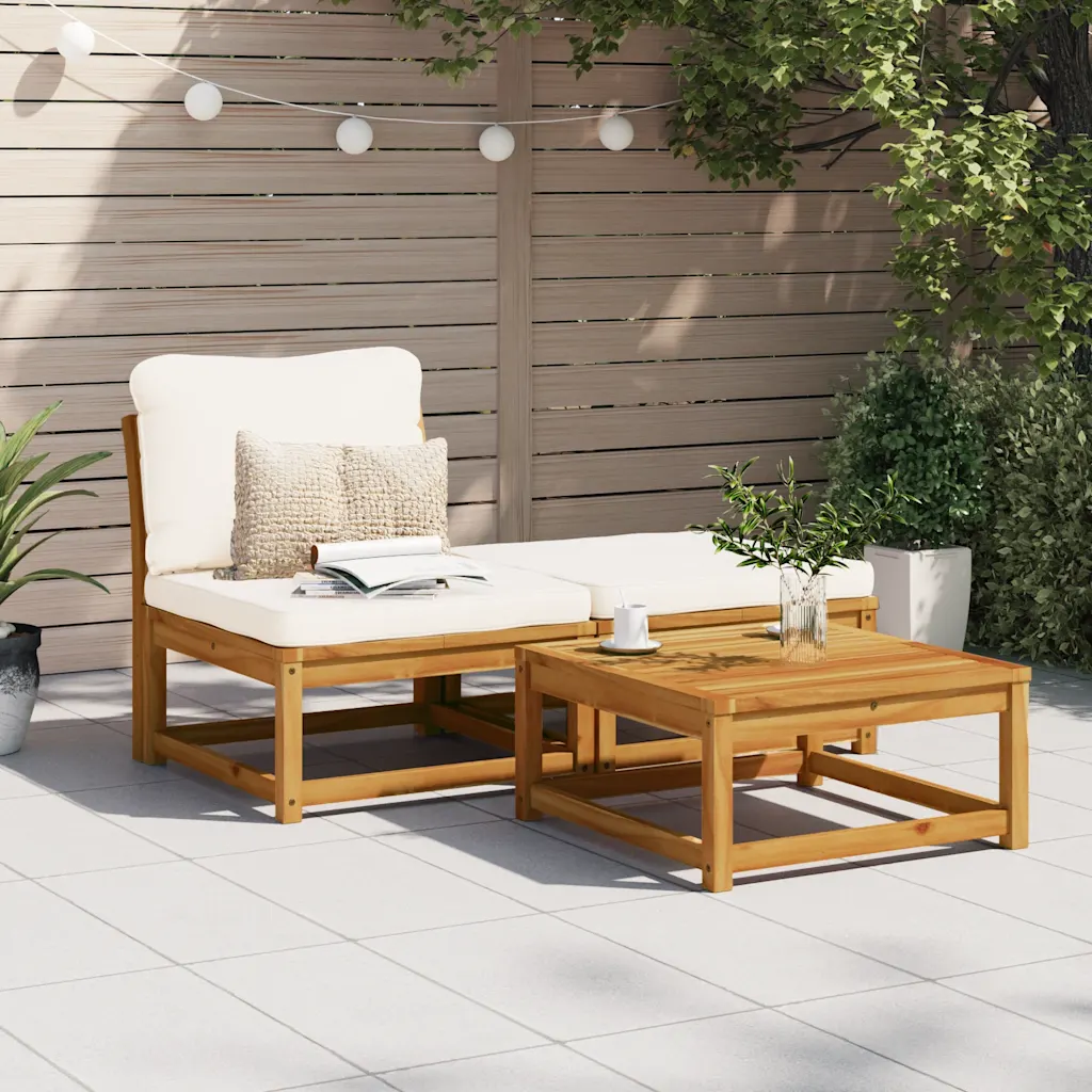 Set da giardino 3 pezzi: divanetto con cuscini e tavolino in legno massello di acacia