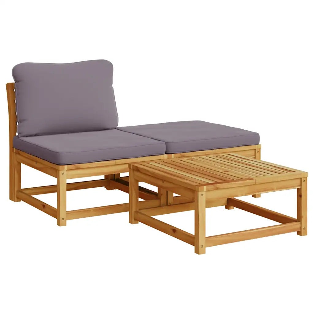 Set da giardino con panca in legno e tavolino, cuscini grigio scuro e seduta doppia