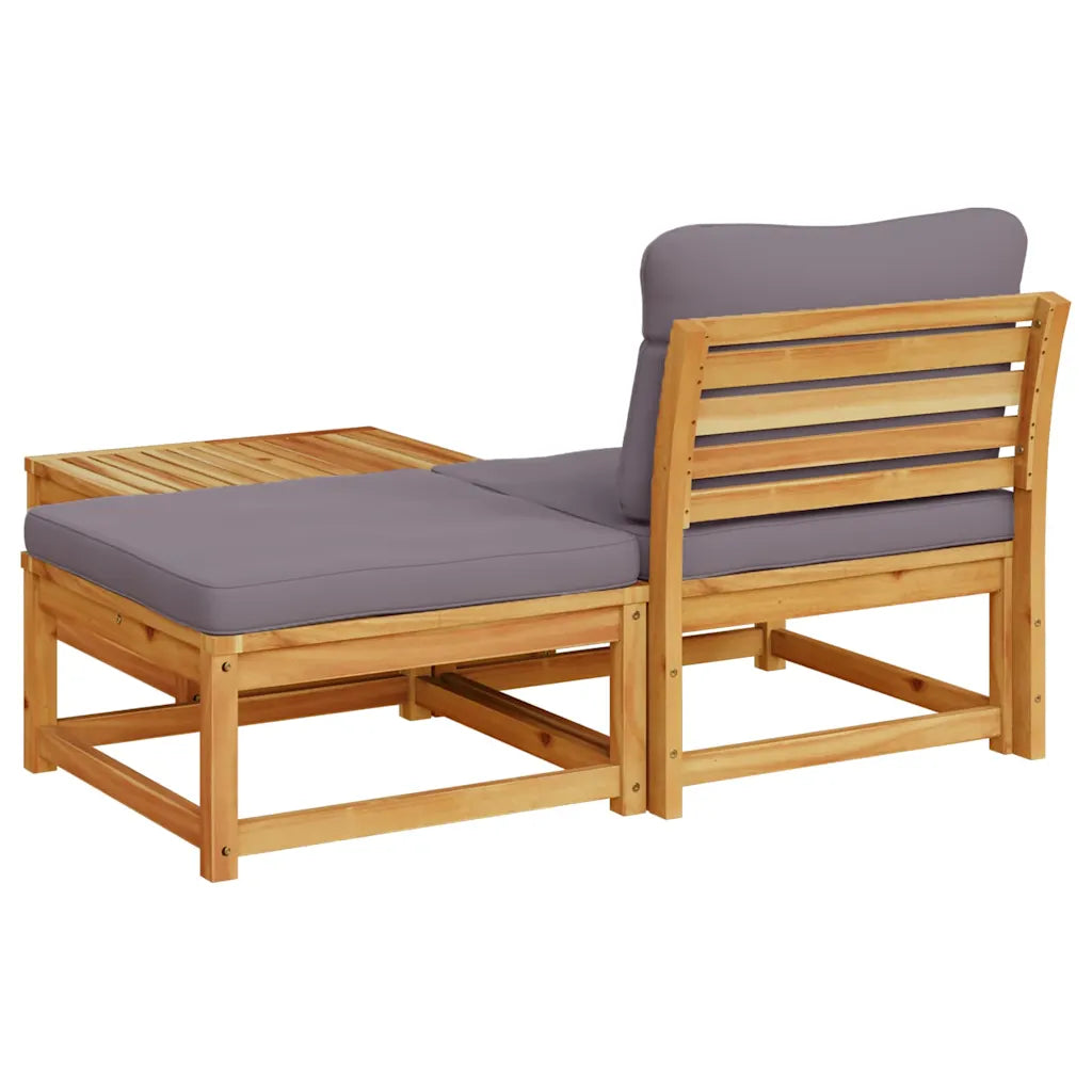 Panca da giardino in legno con chaise e tavolino, cuscino grigio scuro