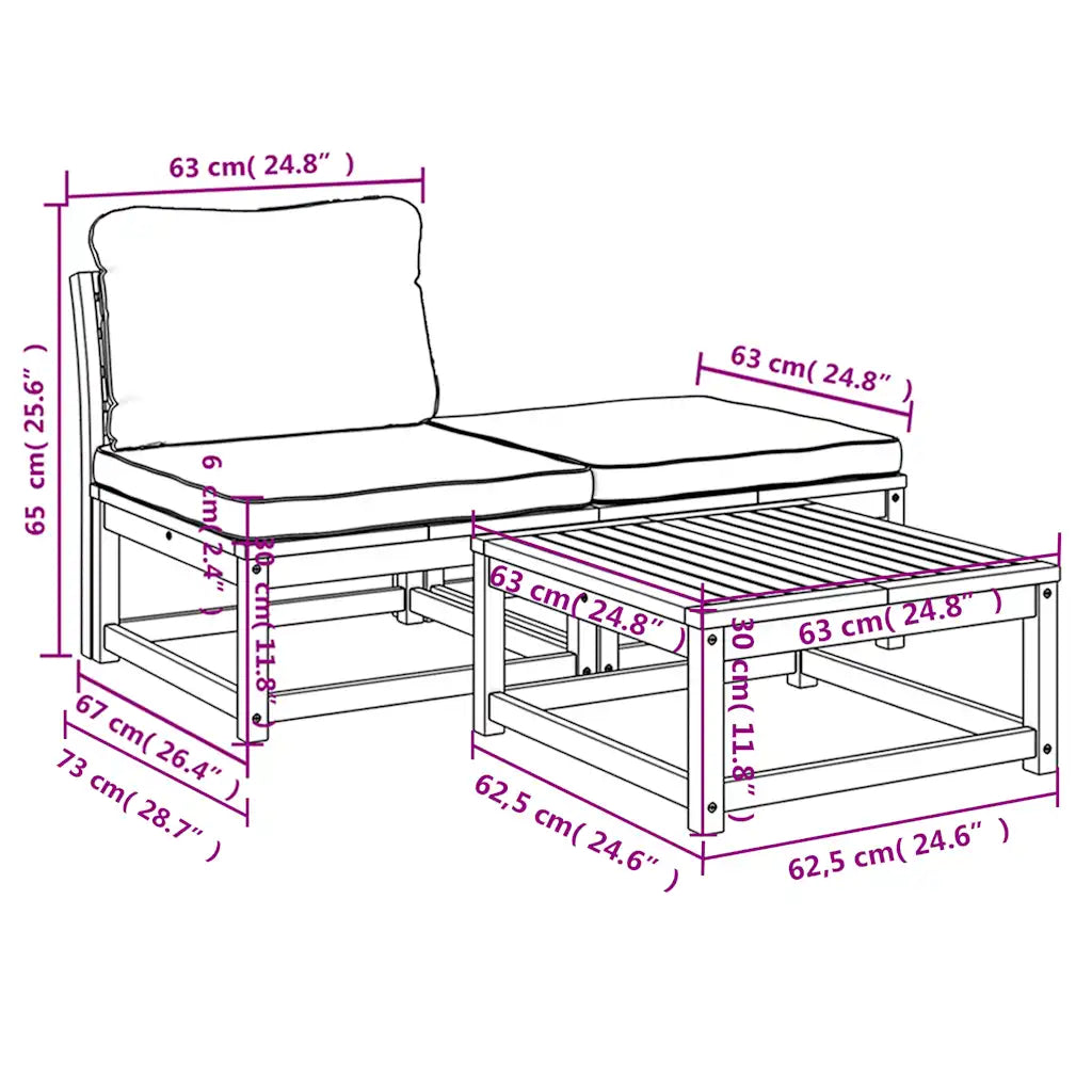 Disegno tecnico del set da giardino con panca e tavolino, misure in cm