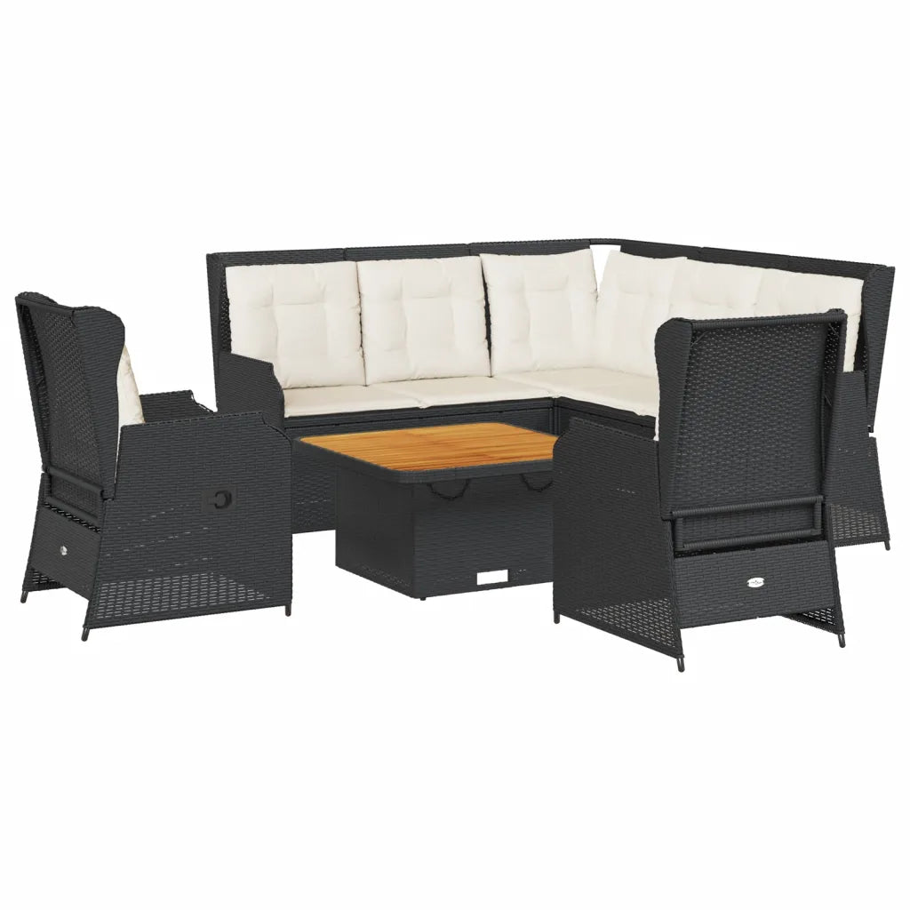 Set angolare da giardino in polyrattan nero con cuscini bianchi e tavolino con piano in legno