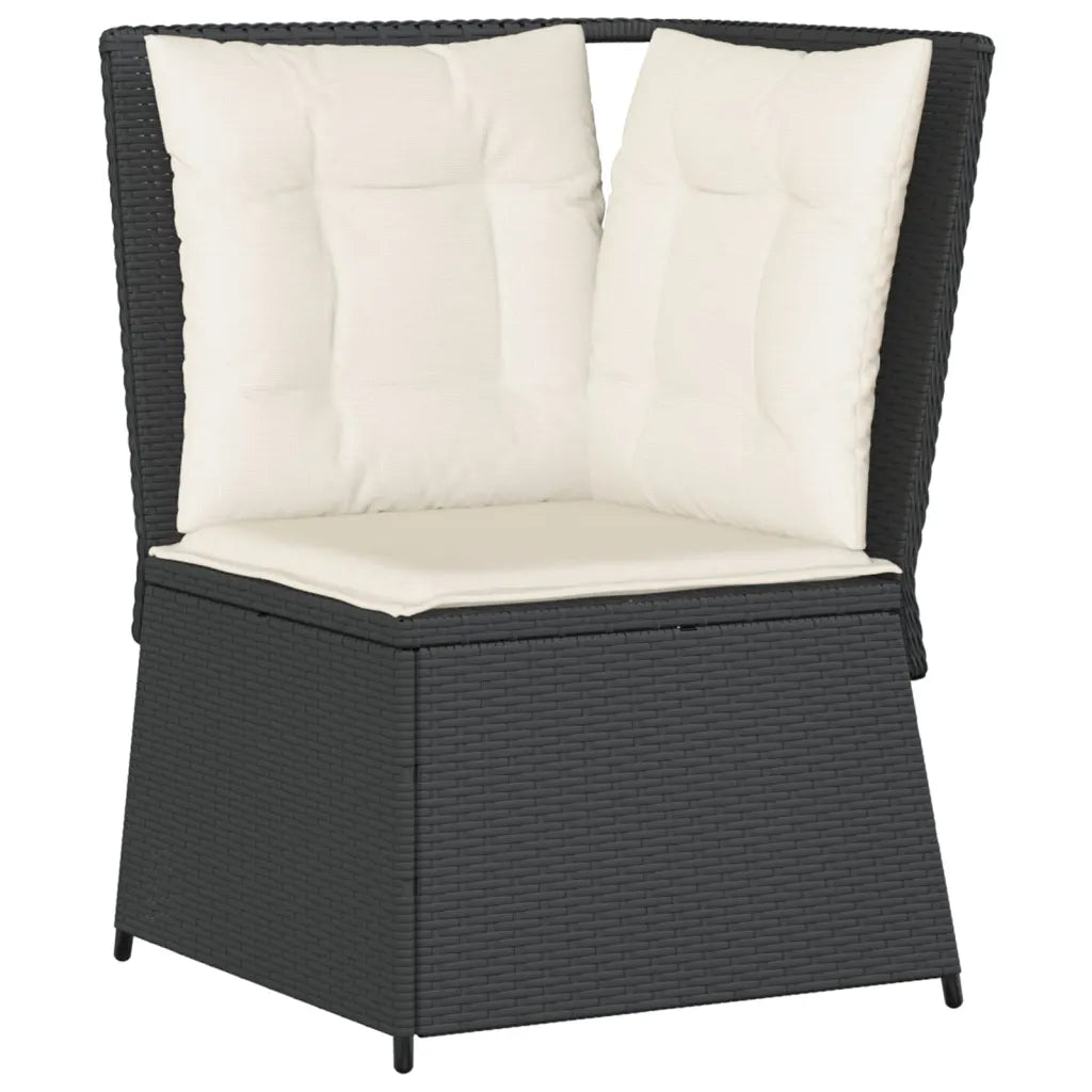 Poltrona da giardino in polyrattan nero con cuscini bianchi e schienale alto