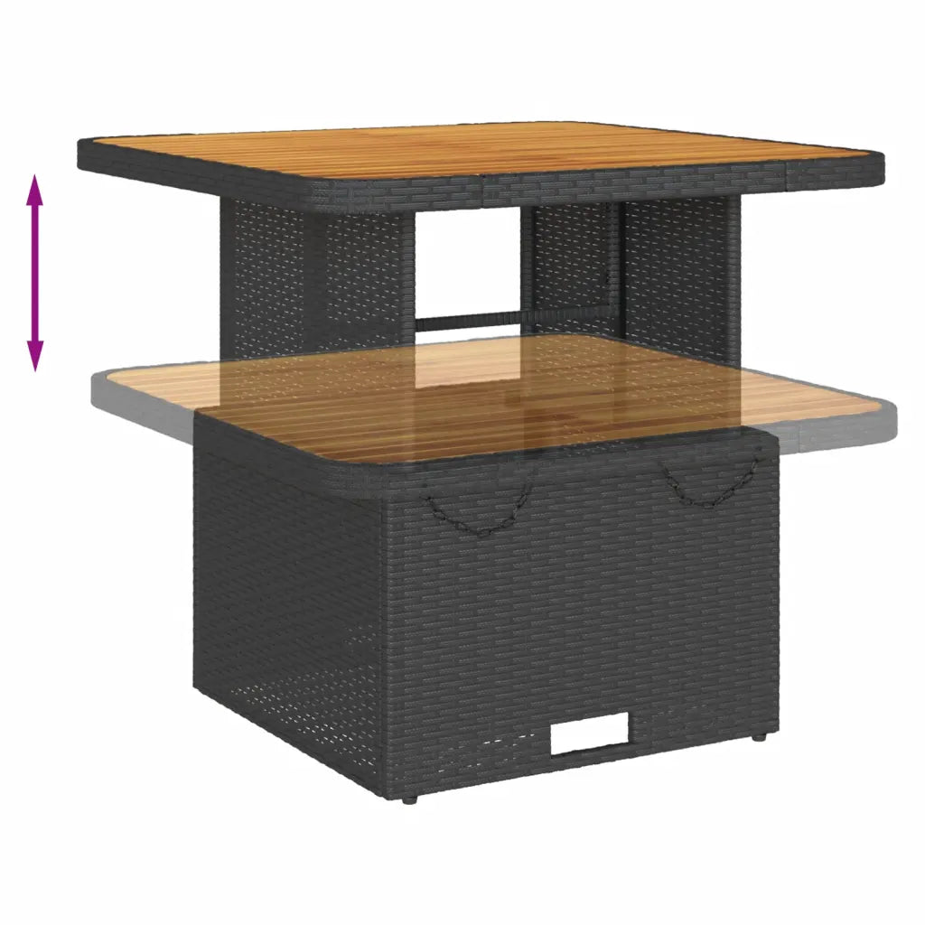 Tavolino da giardino in polyrattan nero con piano in legno e ripiano interno
