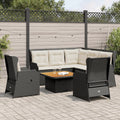 Set mobili da giardino in polyrattan nero con cuscini e tavolino rettangolare con piano legno