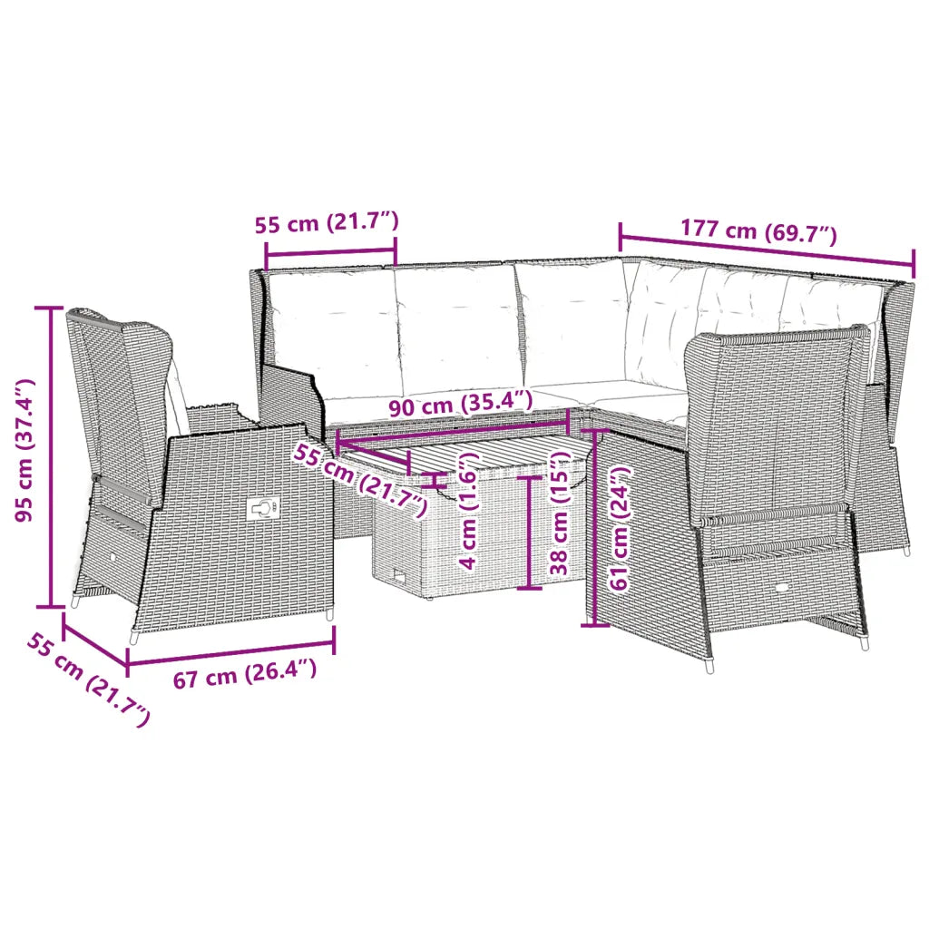 Set mobili da giardino in polyrattan nero con cuscini, 6 pezzi