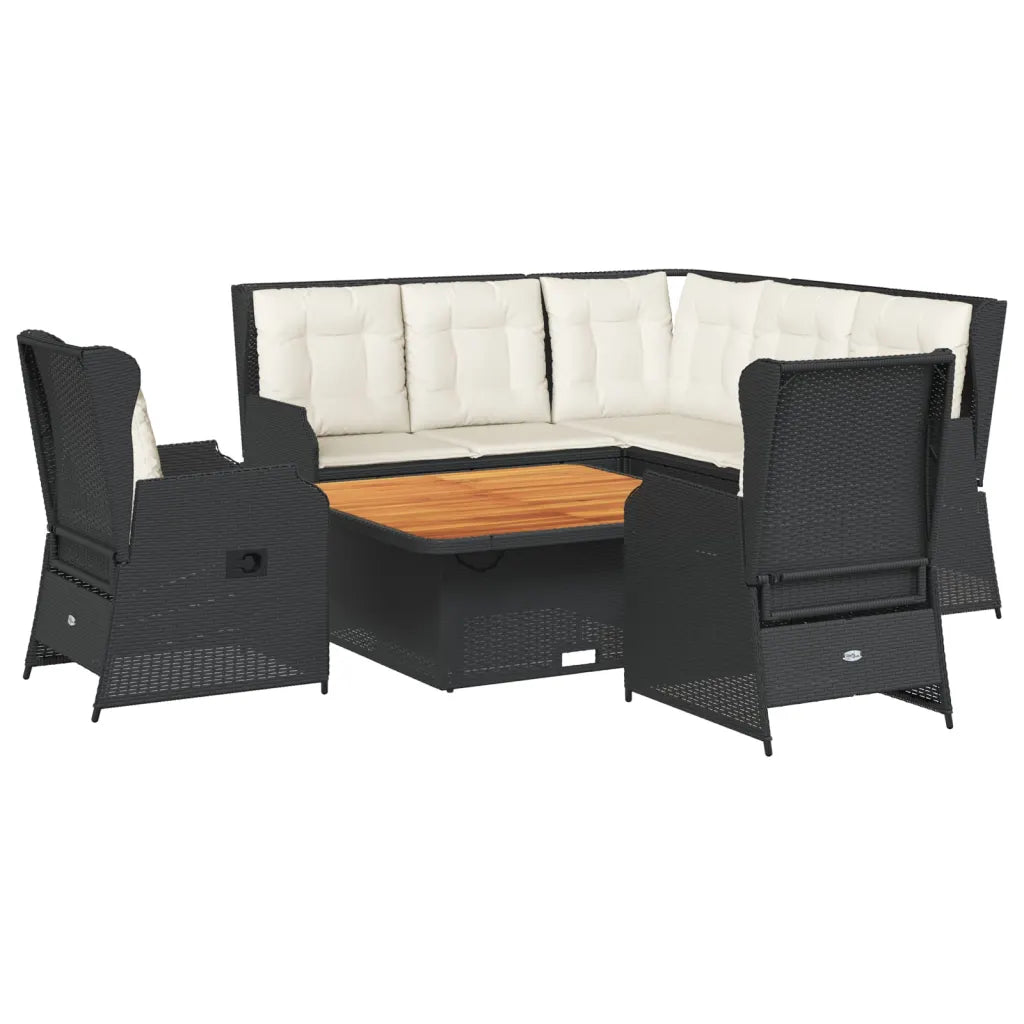 Set soggiorno da esterno in polyrattan nero con cuscini bianchi e tavolo con piano legno