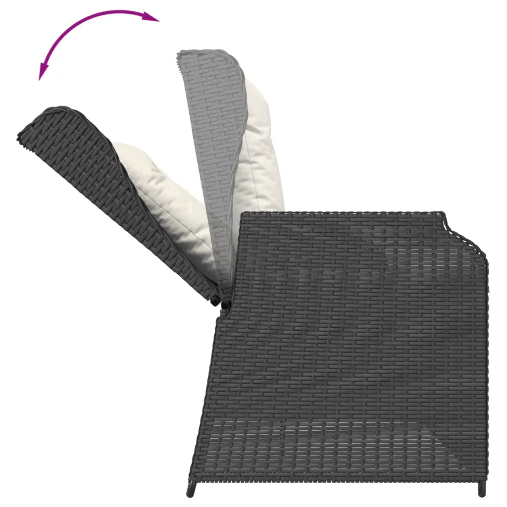 Dettaglio seduta e bracciolo in polyrattan nero con cuscino bianco