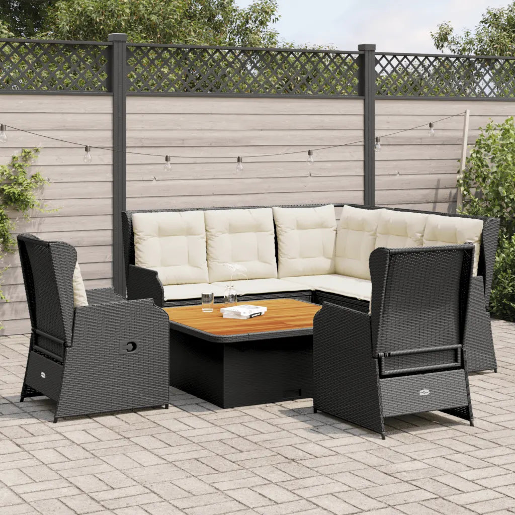 Set mobili da giardino in polyrattan nero con cuscini bianchi e tavolino quadrato