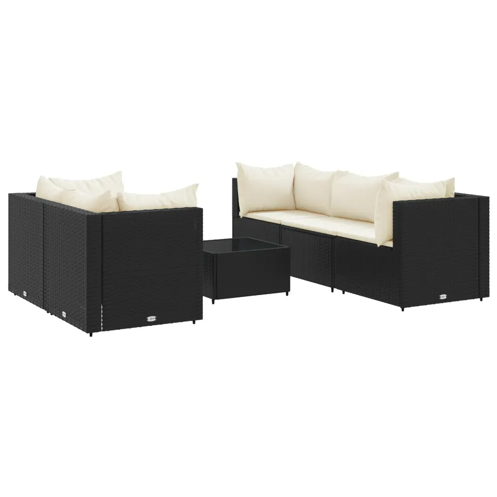 Set mobili da giardino in polyrattan nero con cuscini e tavolino, vista frontale