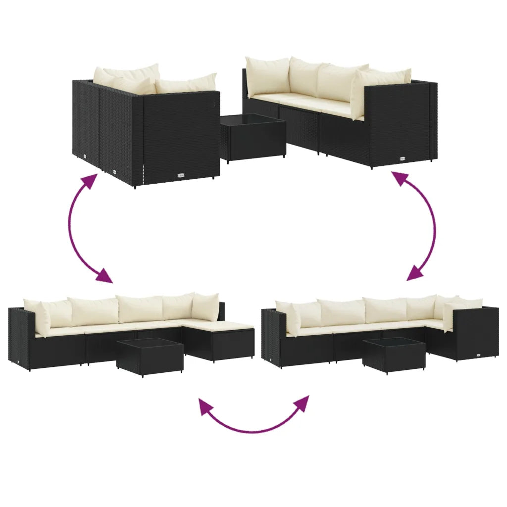 Set mobili da giardino in polyrattan nero con cuscini, configurazioni e frecce