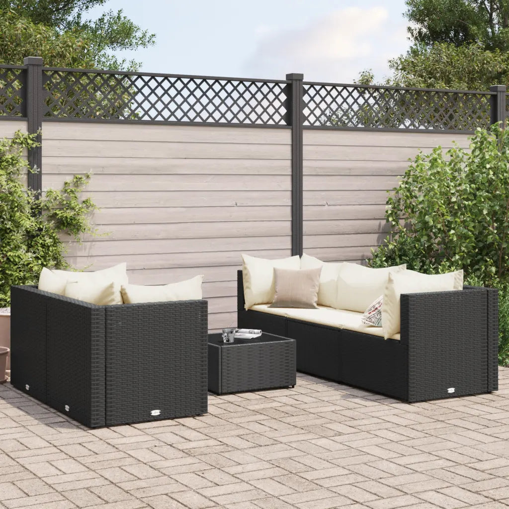 Set mobili da giardino in polyrattan nero con cuscini, divano angolare e tavolino