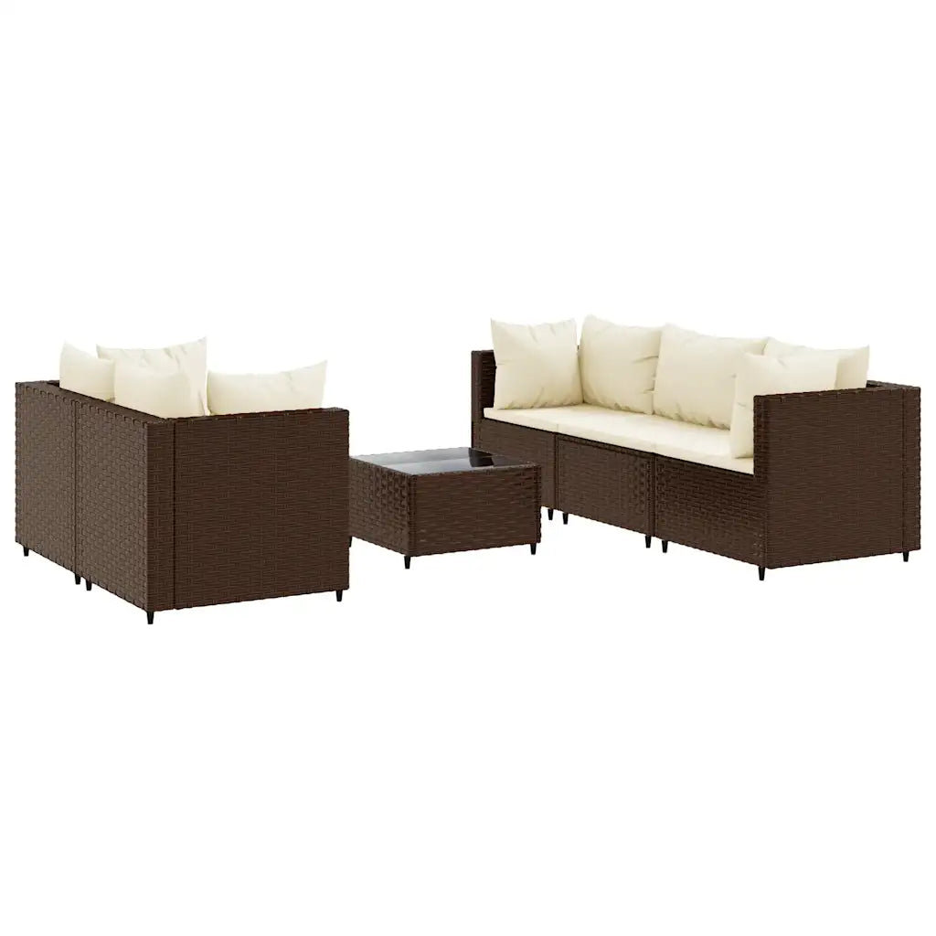 Set mobili da giardino in polyrattan marrone con cuscini: divano e 2 poltrone