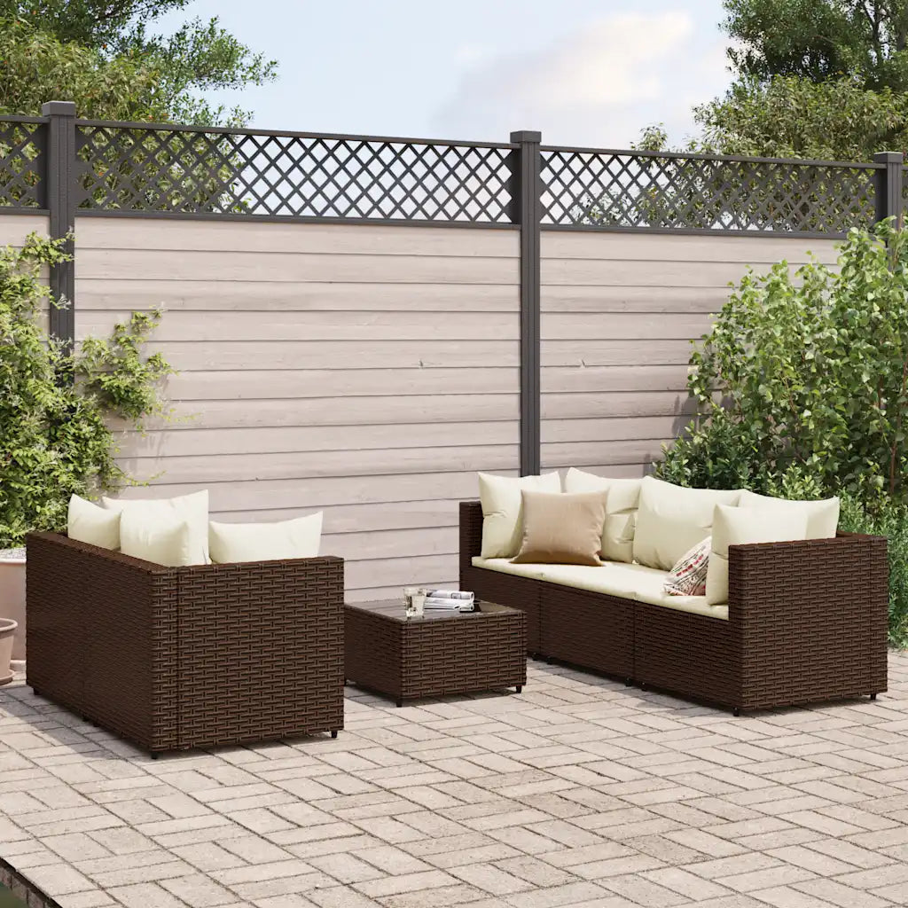 Set mobili da giardino in polyrattan marrone con cuscini: divano e poltrone