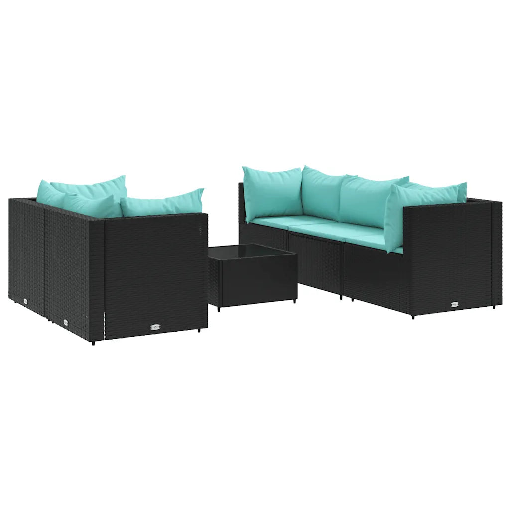 Set mobili da giardino in polyrattan nero con cuscini turchesi e tavolino centrale