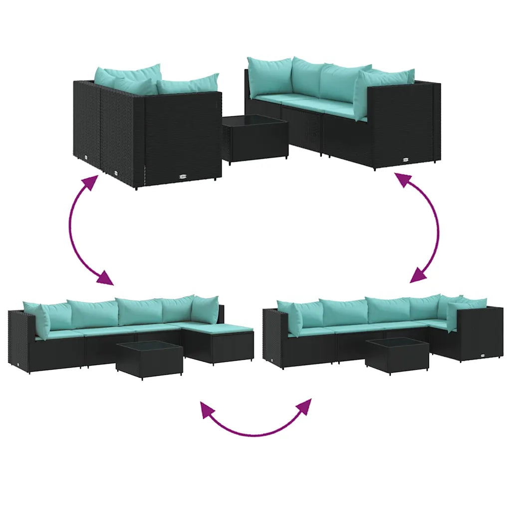 Set mobili da giardino in polyrattan nero con cuscini turchesi, schema di montaggio