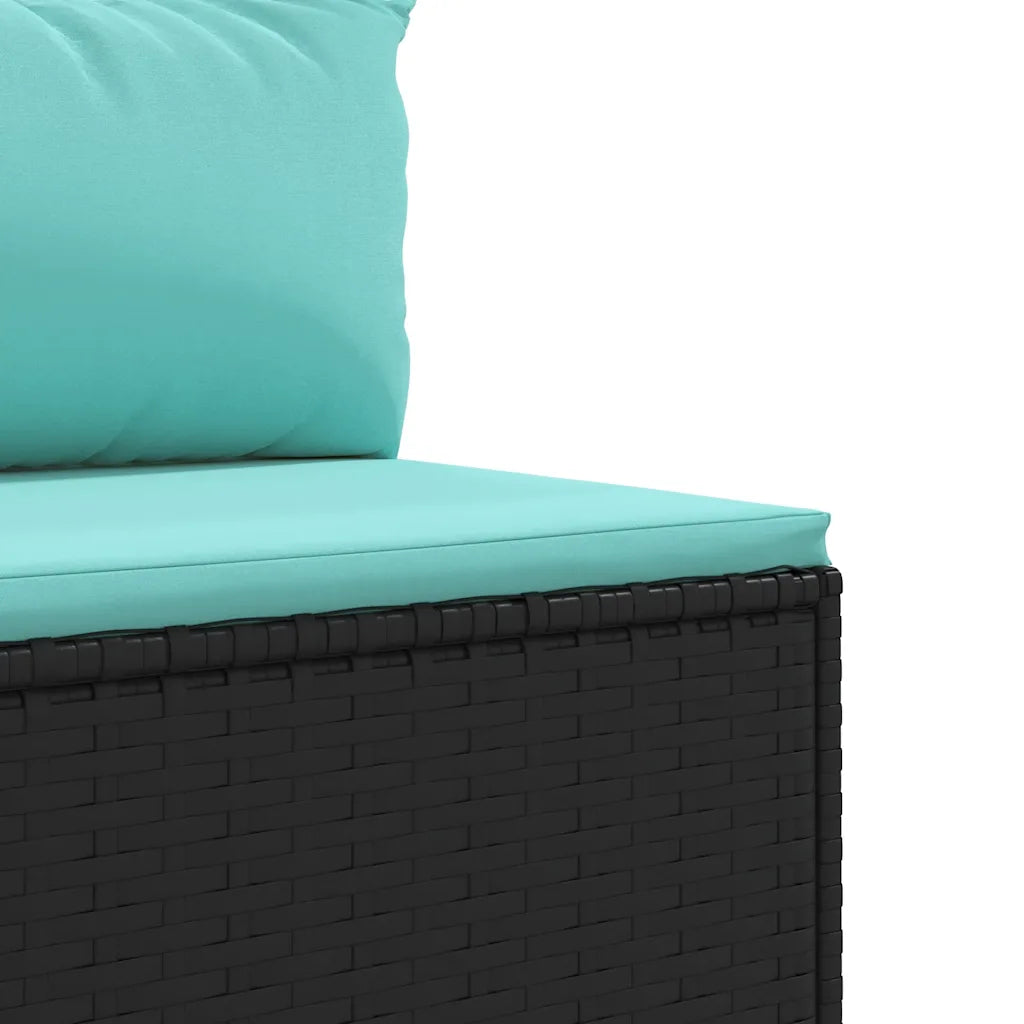 Base con cuscino turchese e struttura in polyrattan nero intrecciato