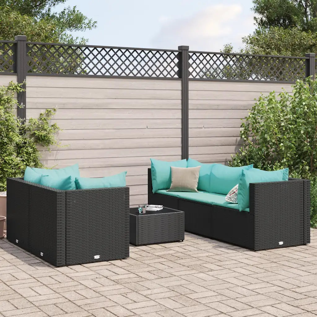 Set divanetto da giardino in polyrattan nero con cuscini turchesi, sedute modulari