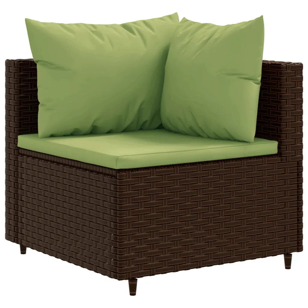 Divanetto da giardino in polyrattan marrone con cuscini verdi