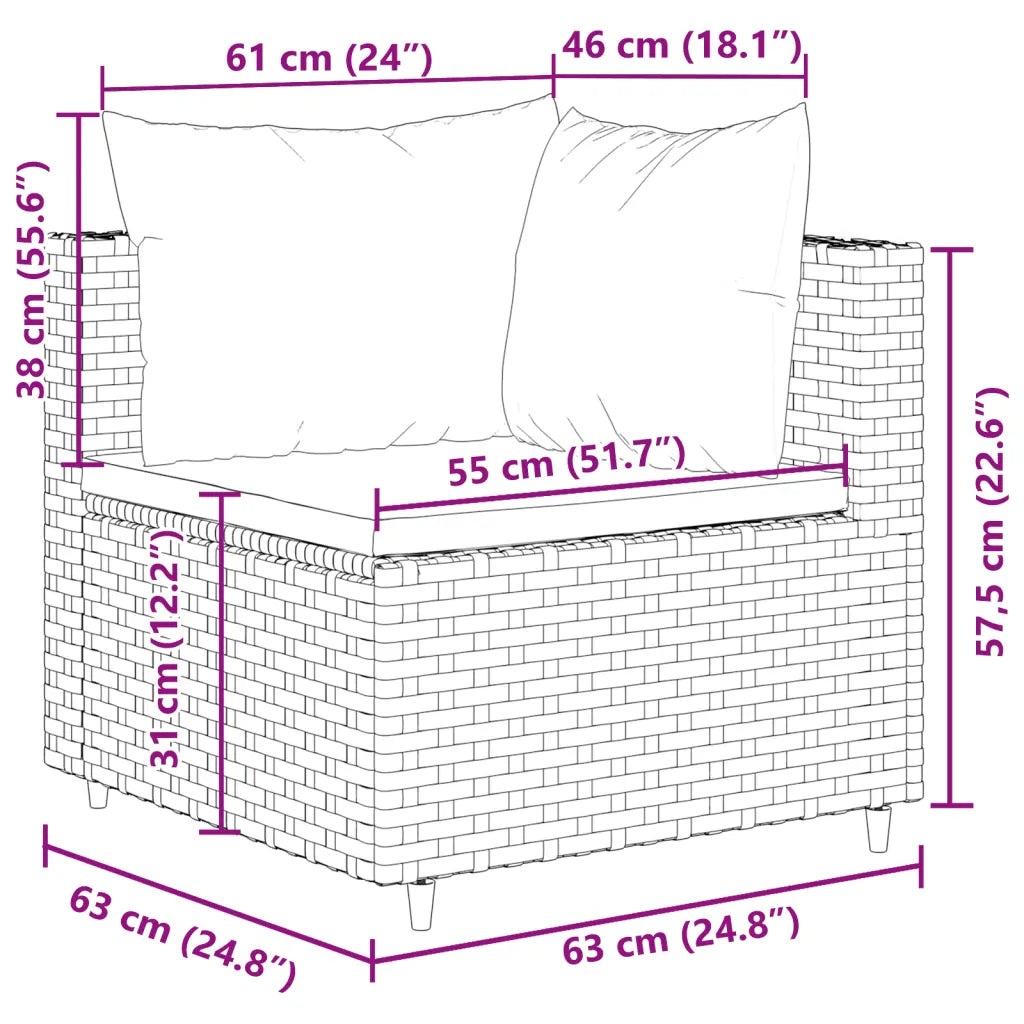 Disegno con dimensioni del divano da giardino in polyrattan marrone con cuscini