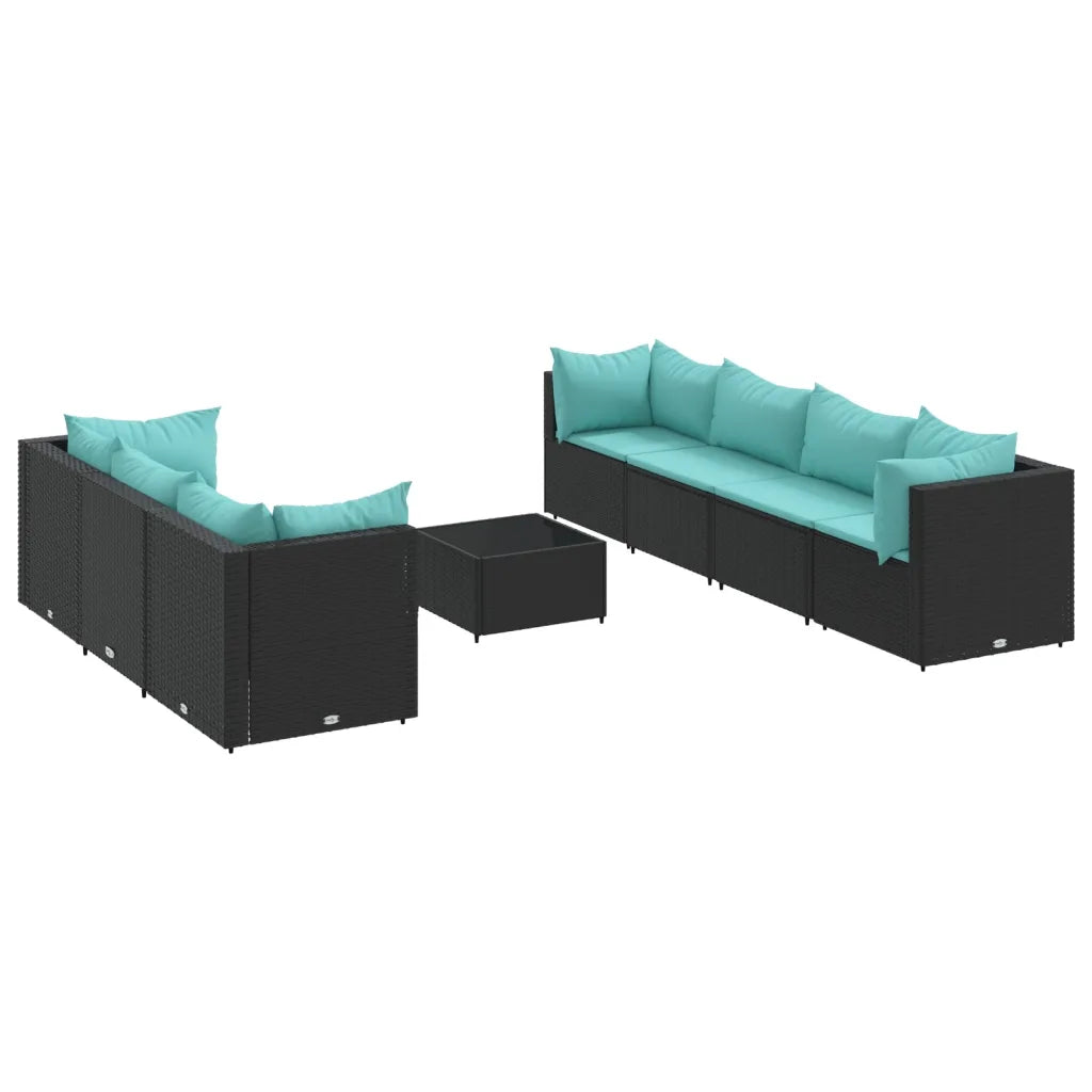 Set di divani modulari da giardino in polyrattan nero con cuscini turchesi e pouf