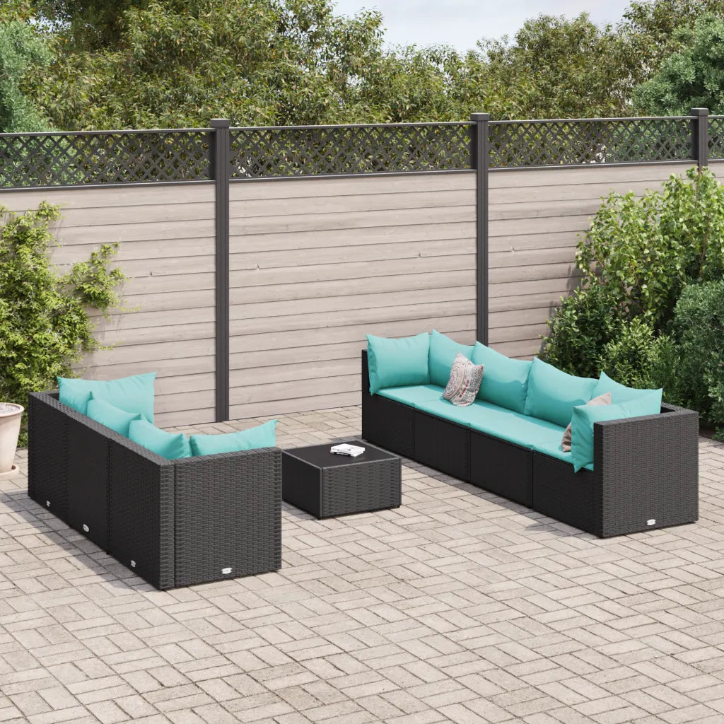 Set di divani da giardino angolare in polyrattan nero con cuscini turchesi e tavolino