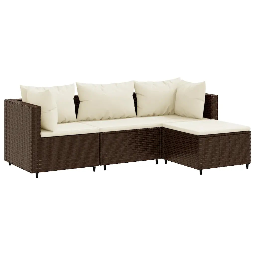 Set divano angolare polyrattan marrone con cuscini crema, sedute modulari e cuscini posteriori