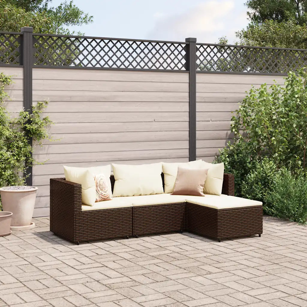Set divano angolare in polyrattan marrone con cuscini crema e quattro cuscini decorativi