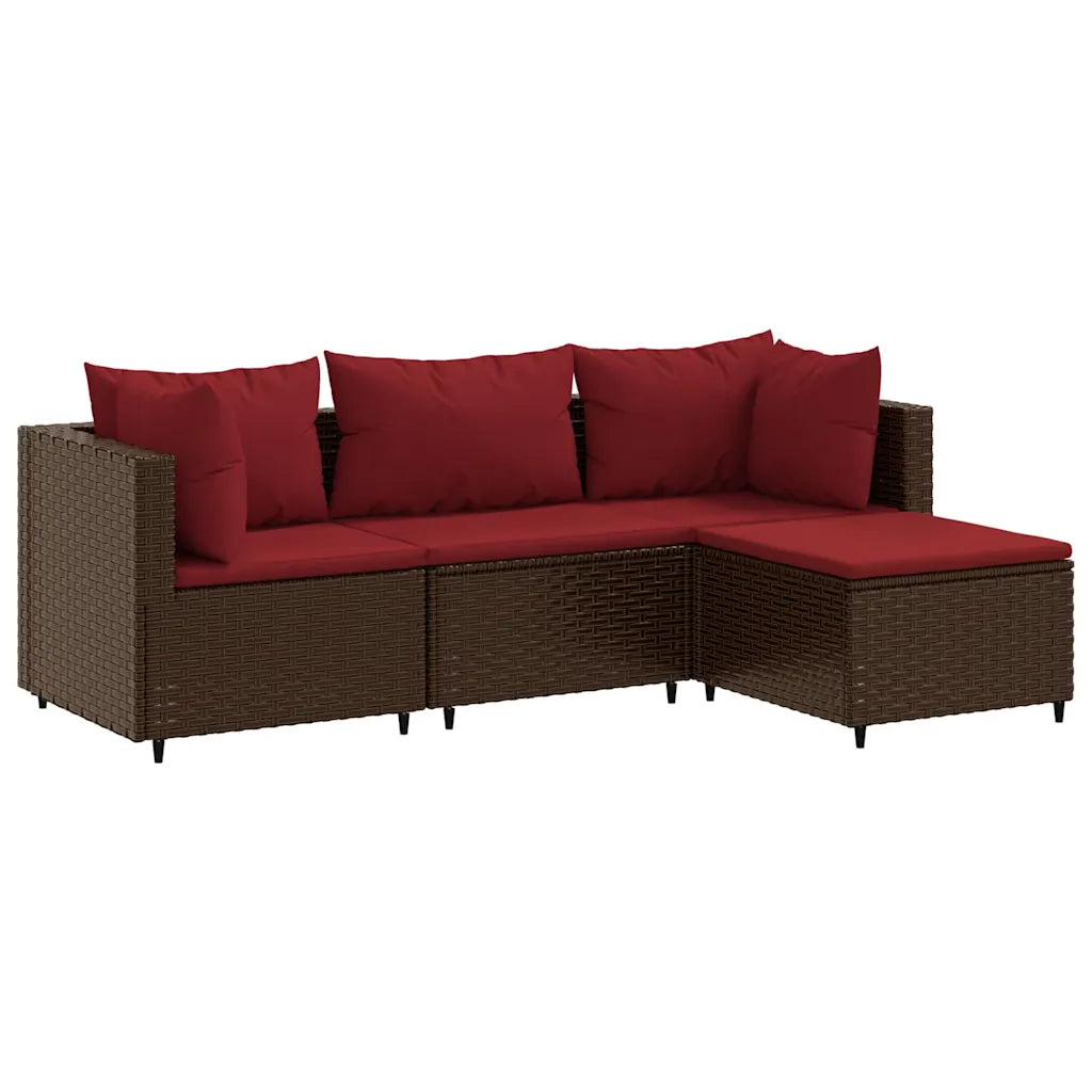 Divano angolare in polyrattan marrone con cuscini rossi e 4 cuscini schienale