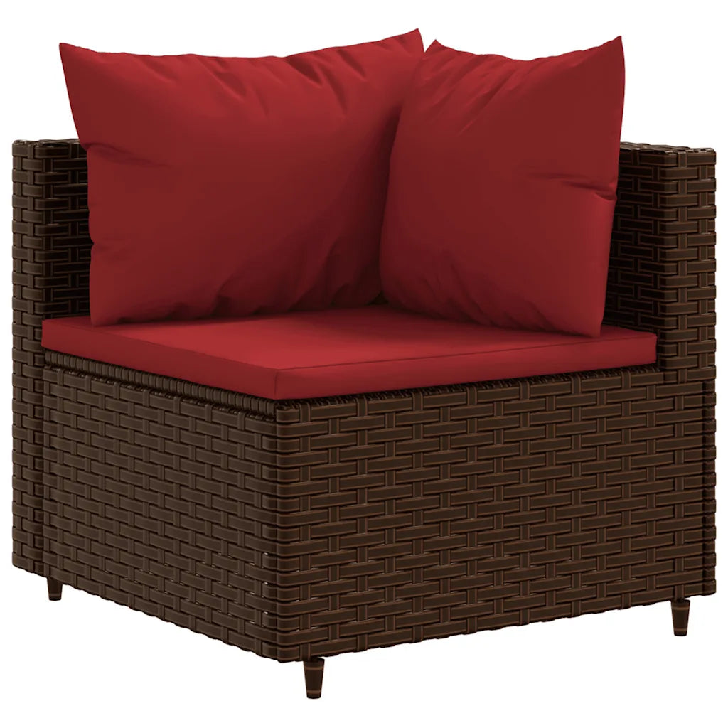 Poltrona angolare in polyrattan marrone con cuscino rosso e due cuscini schienale