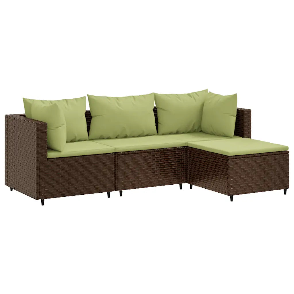 Set divano angolare da giardino in polyrattan marrone con cuscini verdi e poggiapiedi