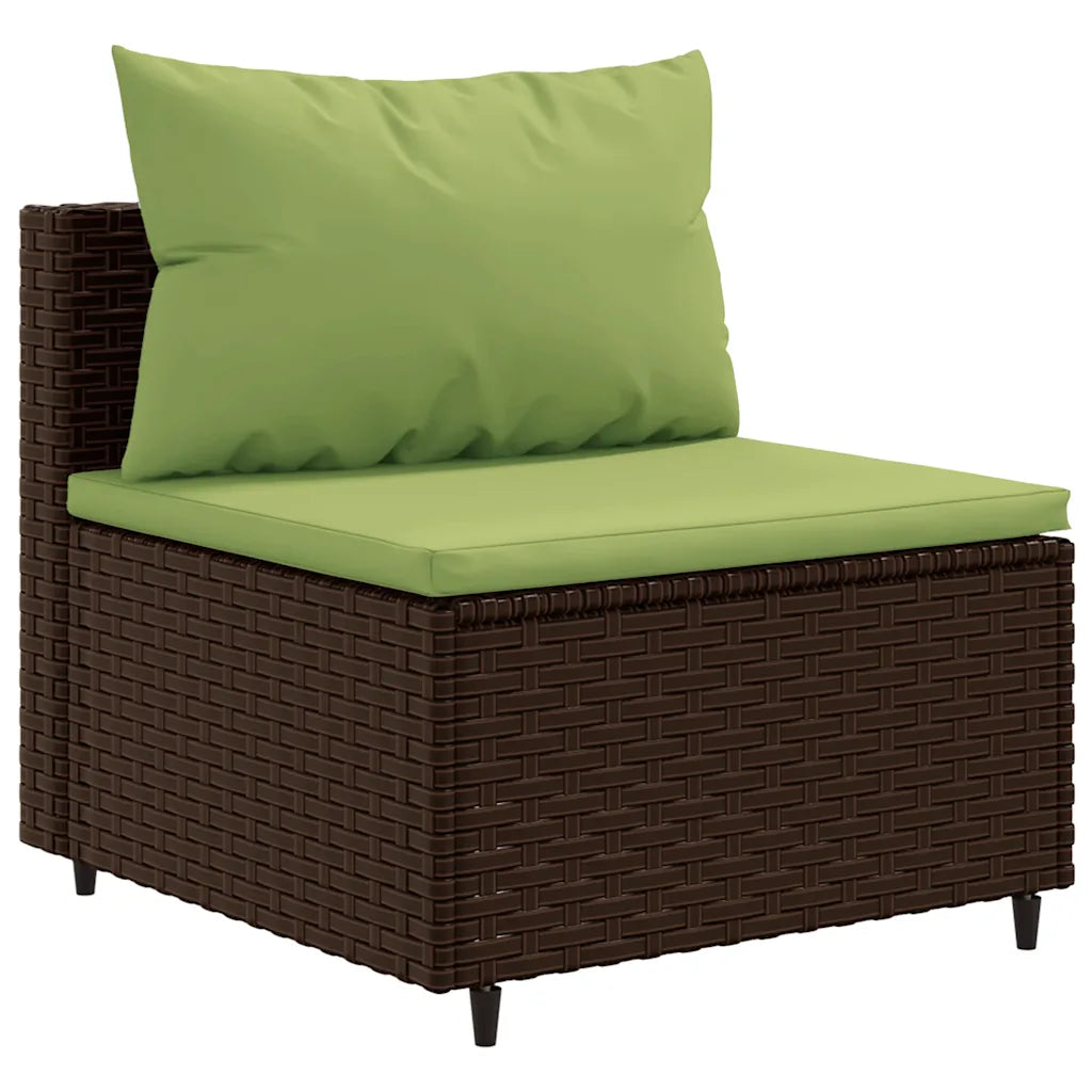 Divano da giardino angolare in polyrattan marrone con cuscino verde e cuscino alto