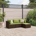 Set divano da giardino in polyrattan marrone con cuscini verdi e cuscini decorativi