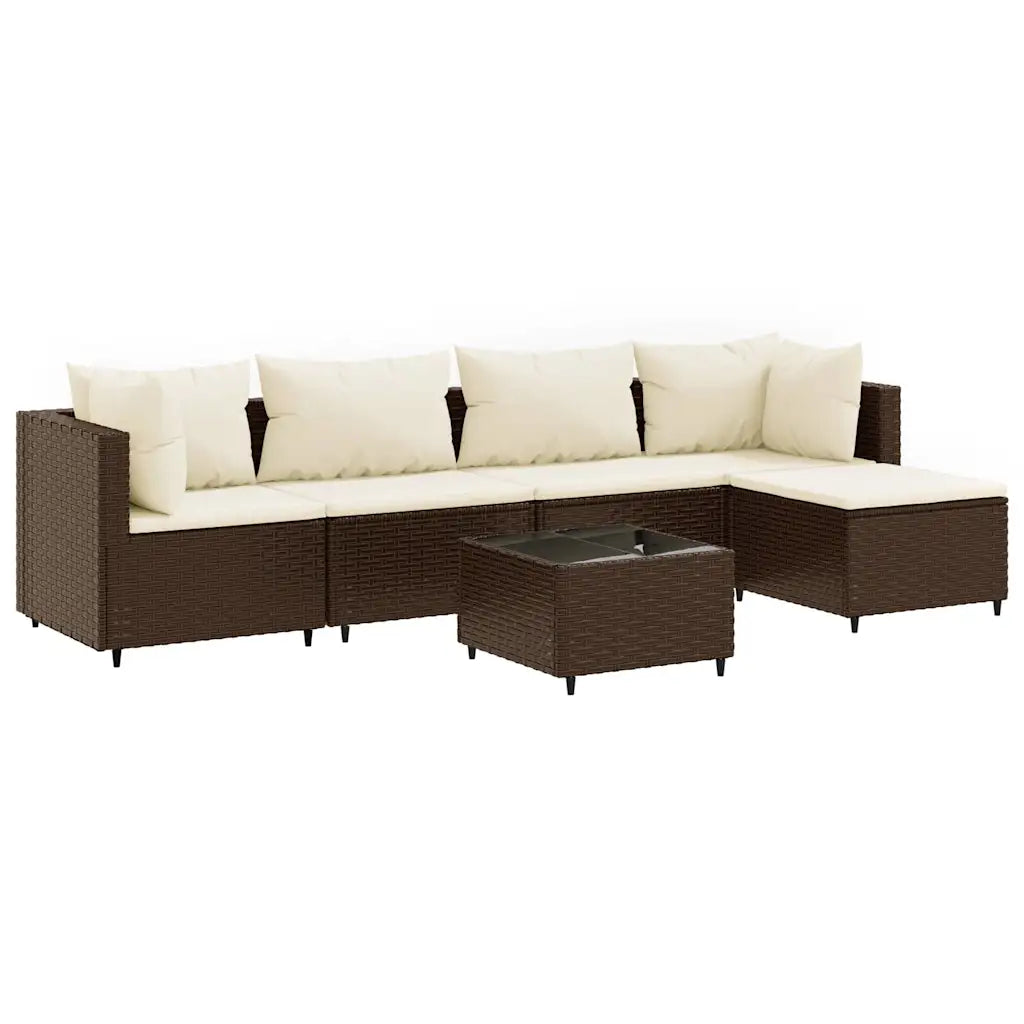 Set mobili da giardino in polyrattan marrone con cuscini crema, divano modulare