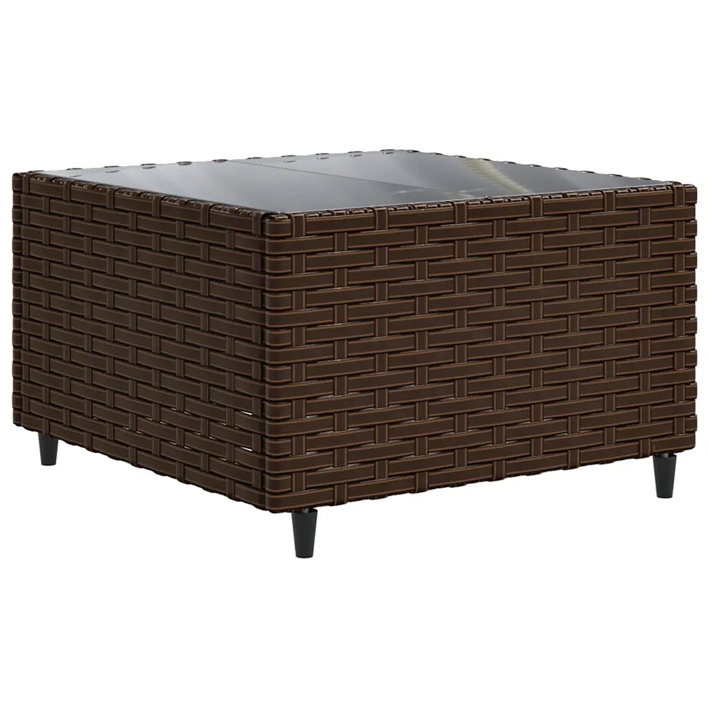 Pouf in polyrattan marrone con piano in vetro e cuscino grigio