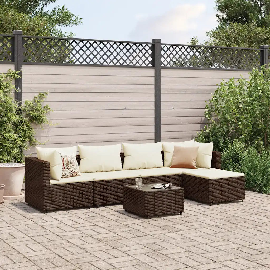 Set mobili da giardino in polyrattan marrone con cuscini crema, divano angolare