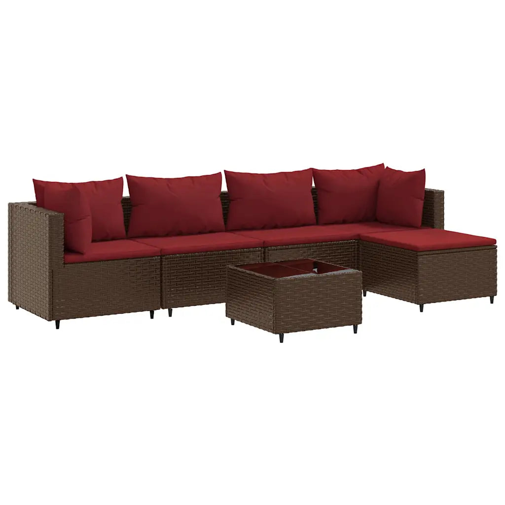 Set divano angolare da giardino in polyrattan marrone con cuscini rossi e tavolino centrale