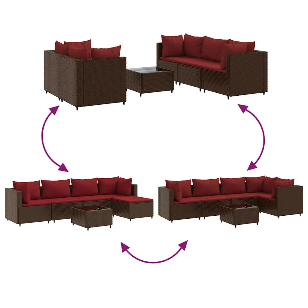 Set di mobili da giardino in polyrattan marrone con cuscini rossi, configurazioni ad angolo