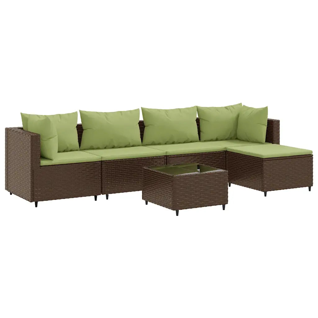 Set di mobili da giardino in polyrattan marrone con cuscini verdi, divano modulare e tavolino