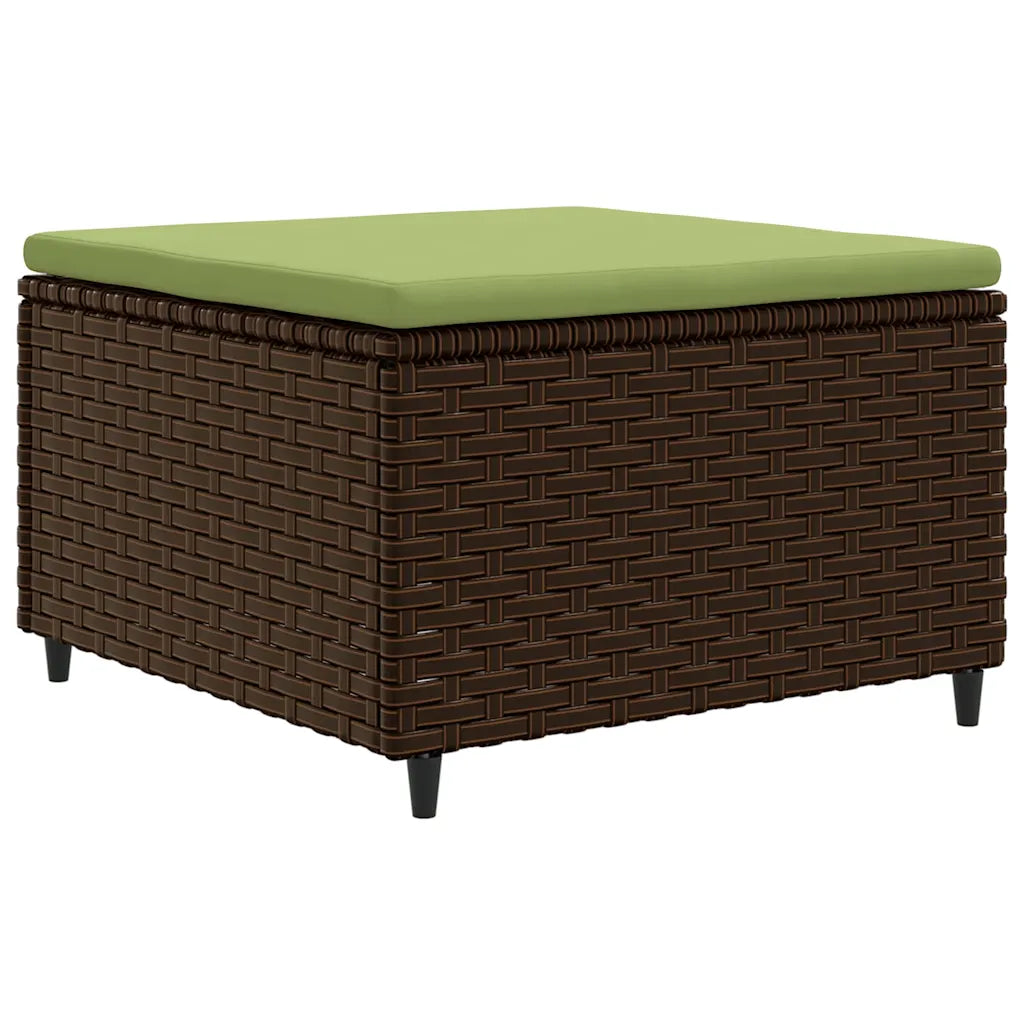 Pouf da giardino in polyrattan marrone con cuscino verde e piano rettangolare