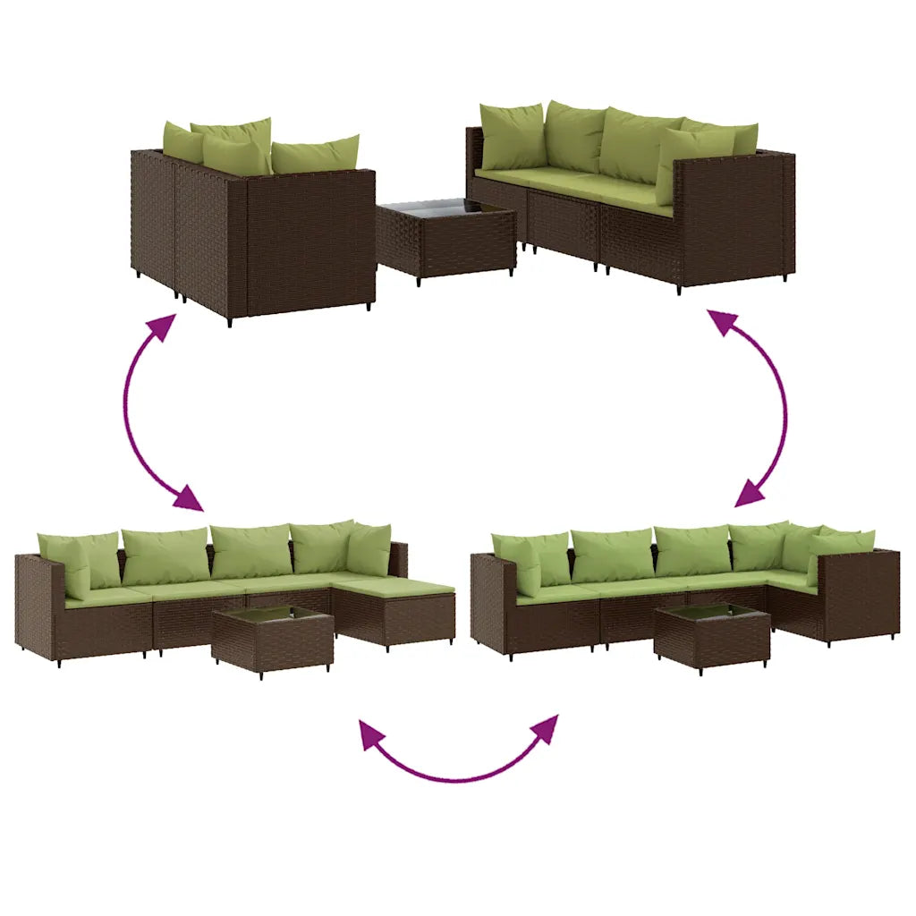 Set di mobili da giardino in polyrattan marrone con cuscini verdi, composizione modulare con tavolino