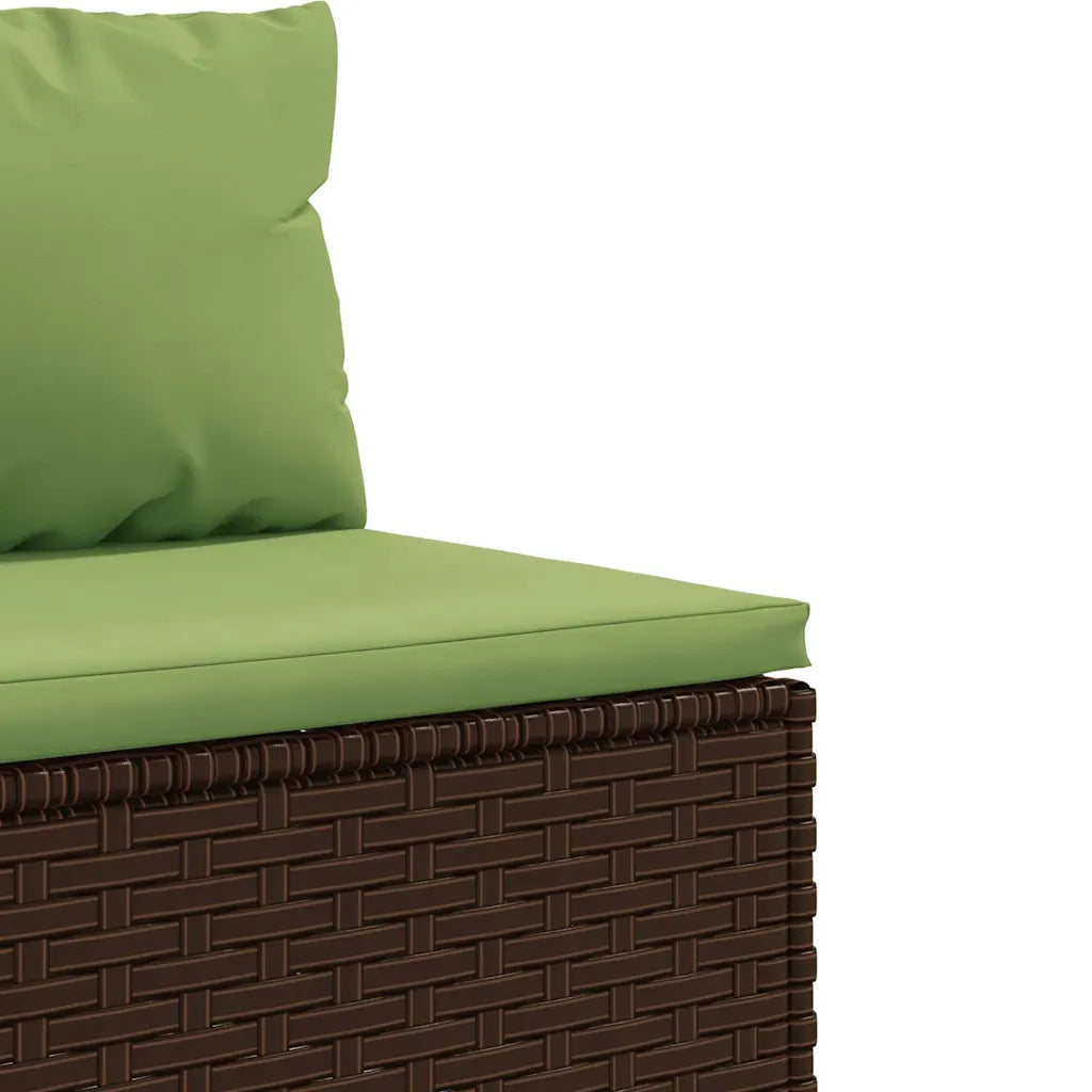 Divano modulare da giardino in polyrattan marrone con cuscini verdi e struttura intrecciata