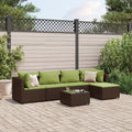 Set di mobili da giardino in polyrattan marrone con cuscini verdi, divano angolare e tavolino