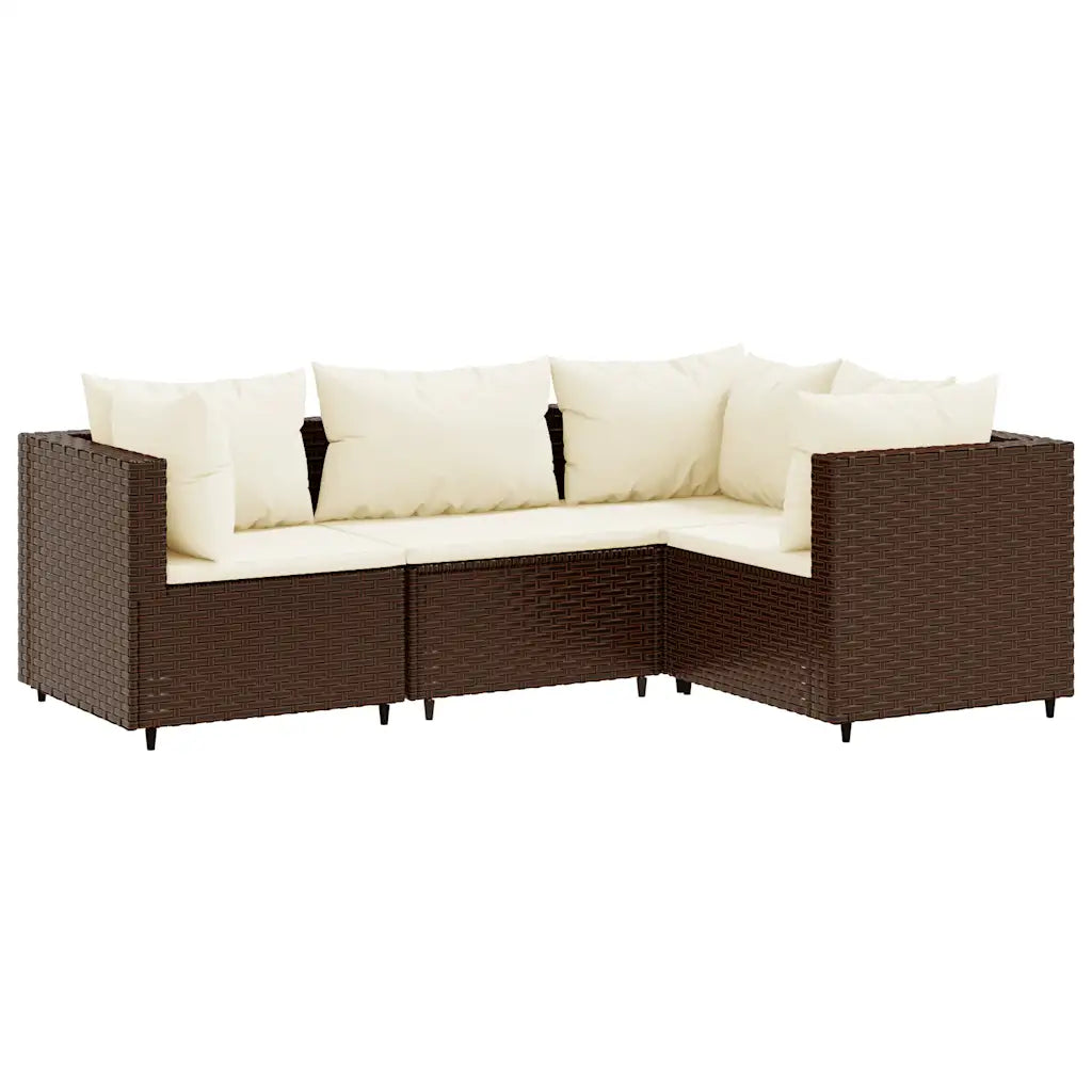 Set divano angolare da esterno in polyrattan marrone con 4 cuscini bianchi