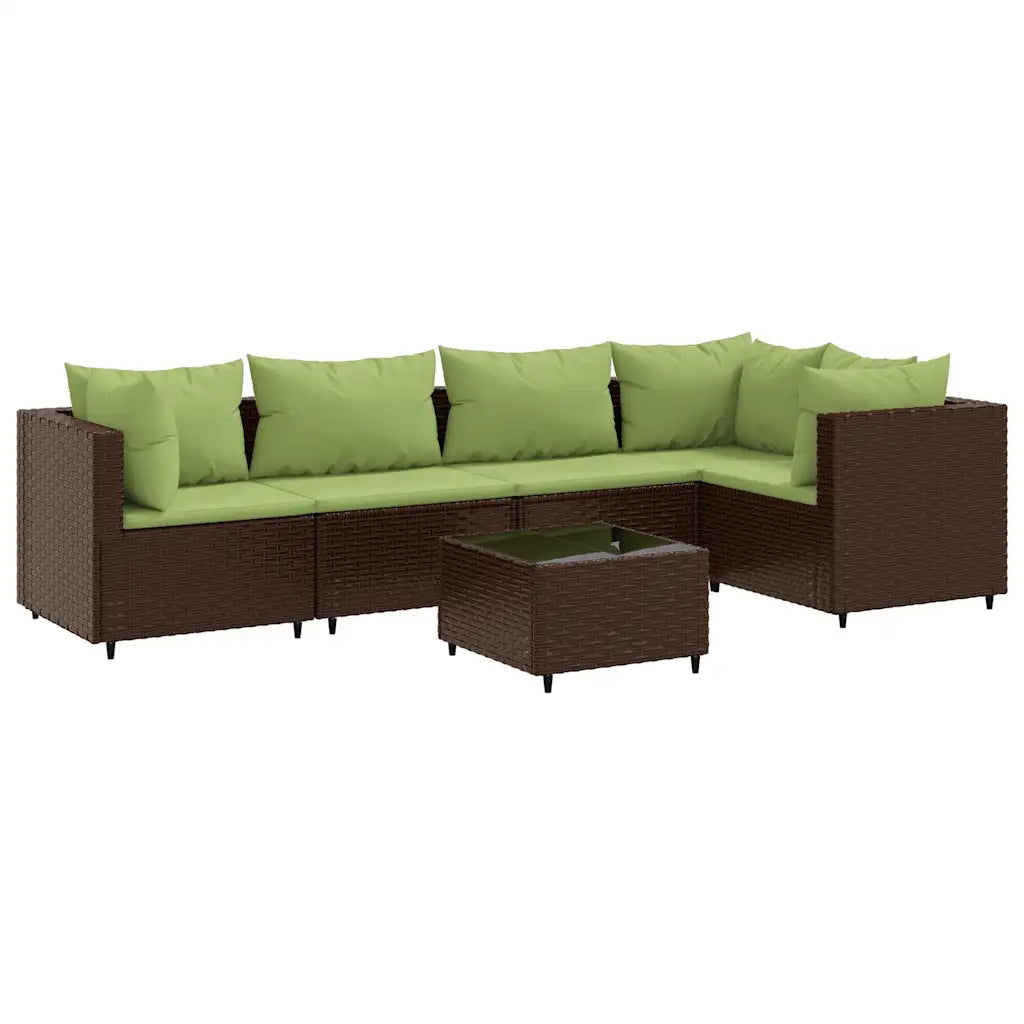 Set mobili da giardino in polyrattan marrone con cuscini verdi e tavolino.