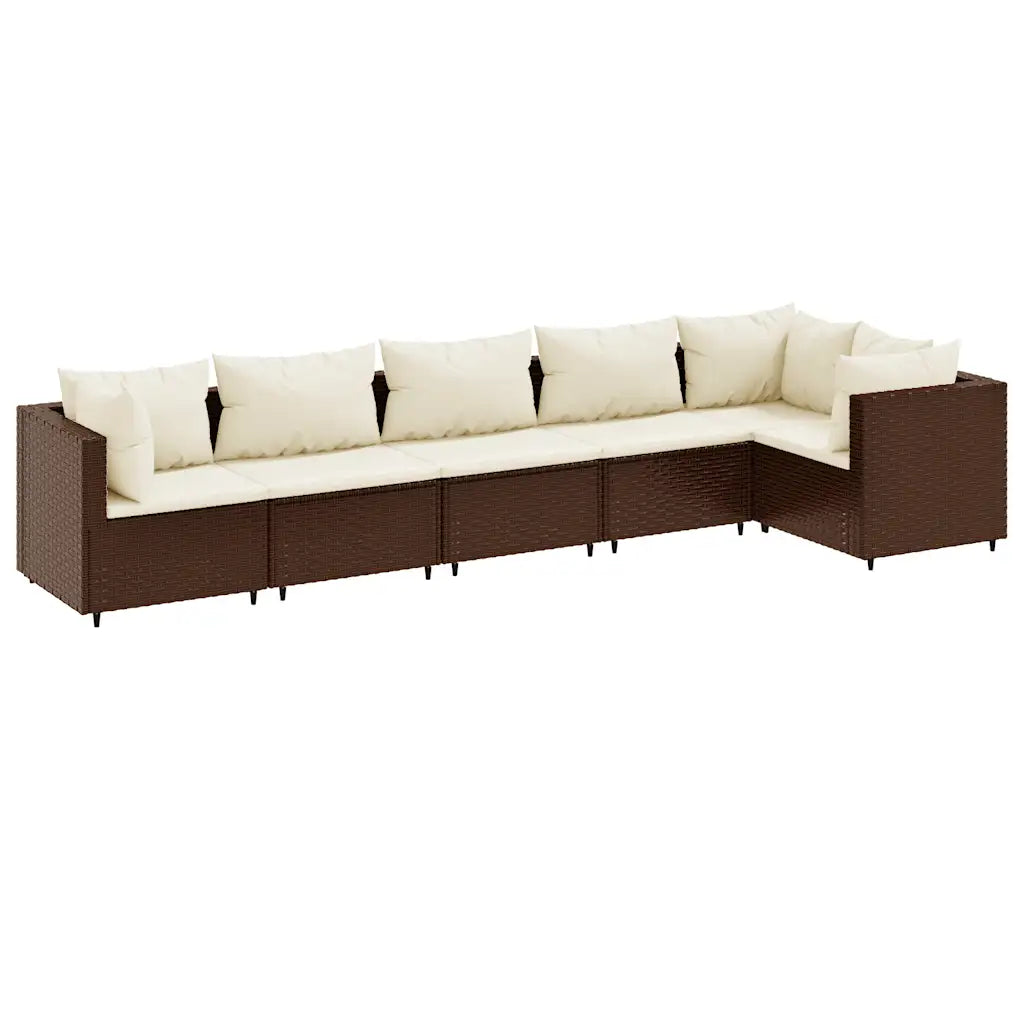 Divano angolare da giardino in polyrattan marrone con cuscini beige, vista laterale