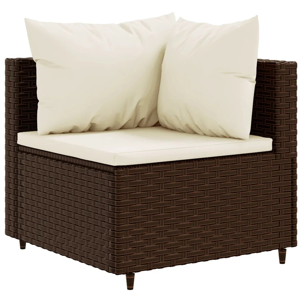 Divano angolare da giardino in polyrattan marrone con cuscini beige, seduta angolare